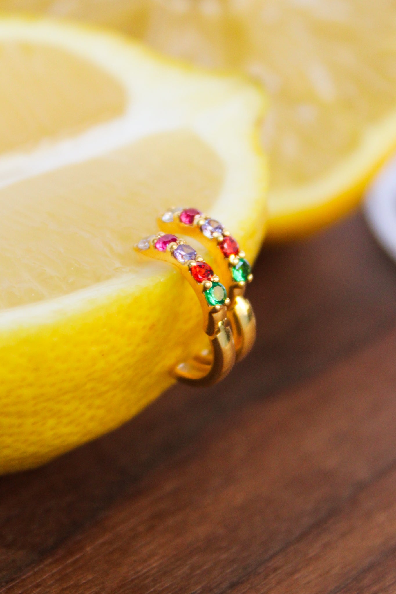 Regard Huggies in 18k gold vermeil styled in a lemon, acrostic CZ huggie hoop earrings, Ether Jewelry