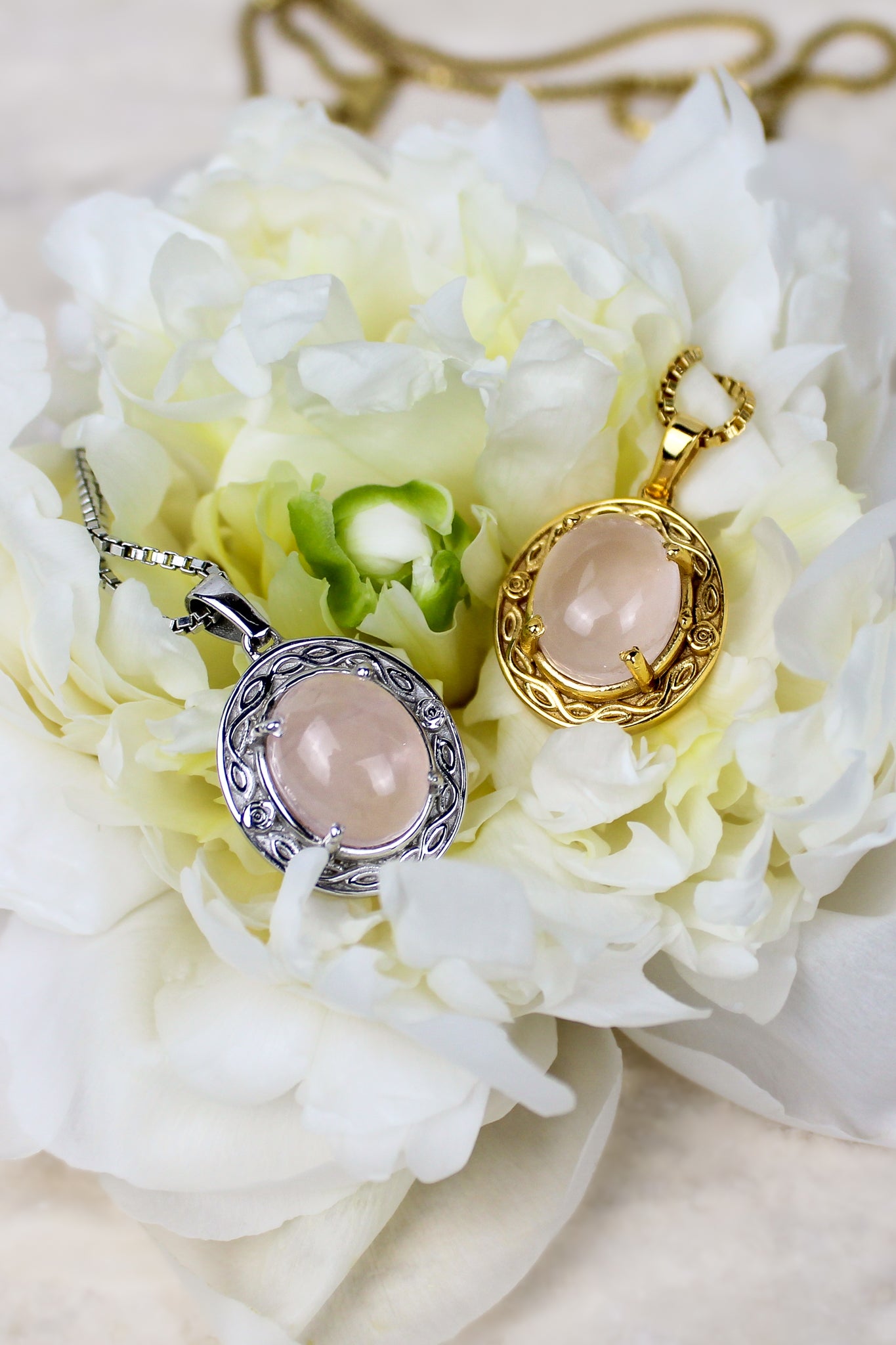 Both Romantic Heir Necklaces in sterling silver and gold vermeil laid in peony flower, rose quartz filigree pendant necklace, Ether Jewelry