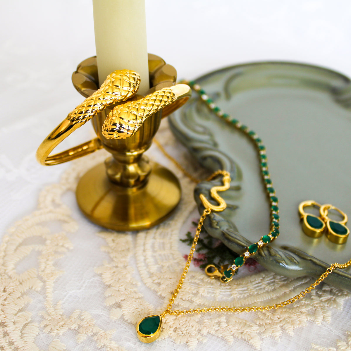 Serpentine Bracelet in 18k gold vermeil full collection photo, coiled snake bangle bracelet, Ether Jewelry