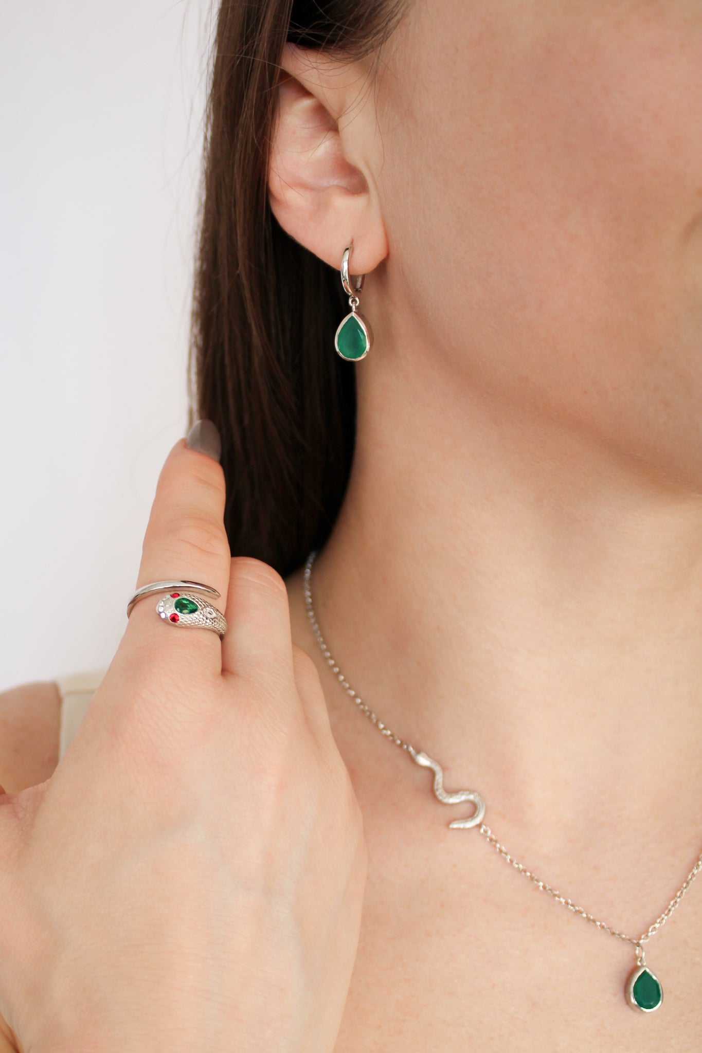 Devoted sterling silver earrings styled with Devoted Necklace and ring on model, green onyx jewelry set, Ether Jewelry