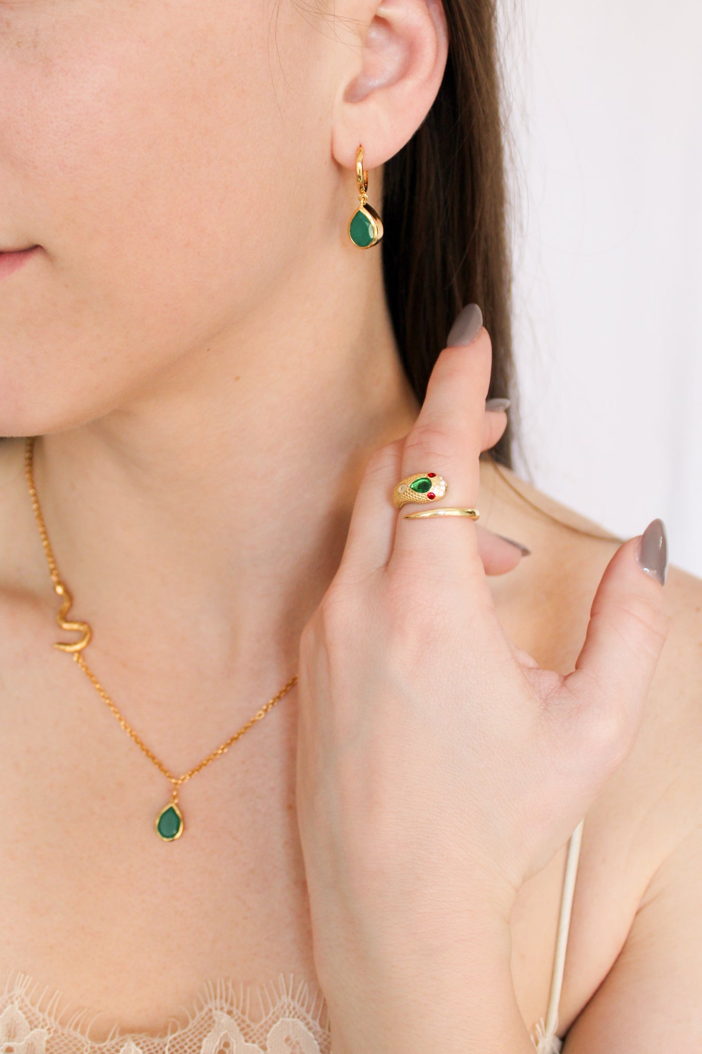 Devoted 18k gold vermeil earrings styled with Devoted Necklace and ring on model, green onyx jewelry set, Ether Jewelry