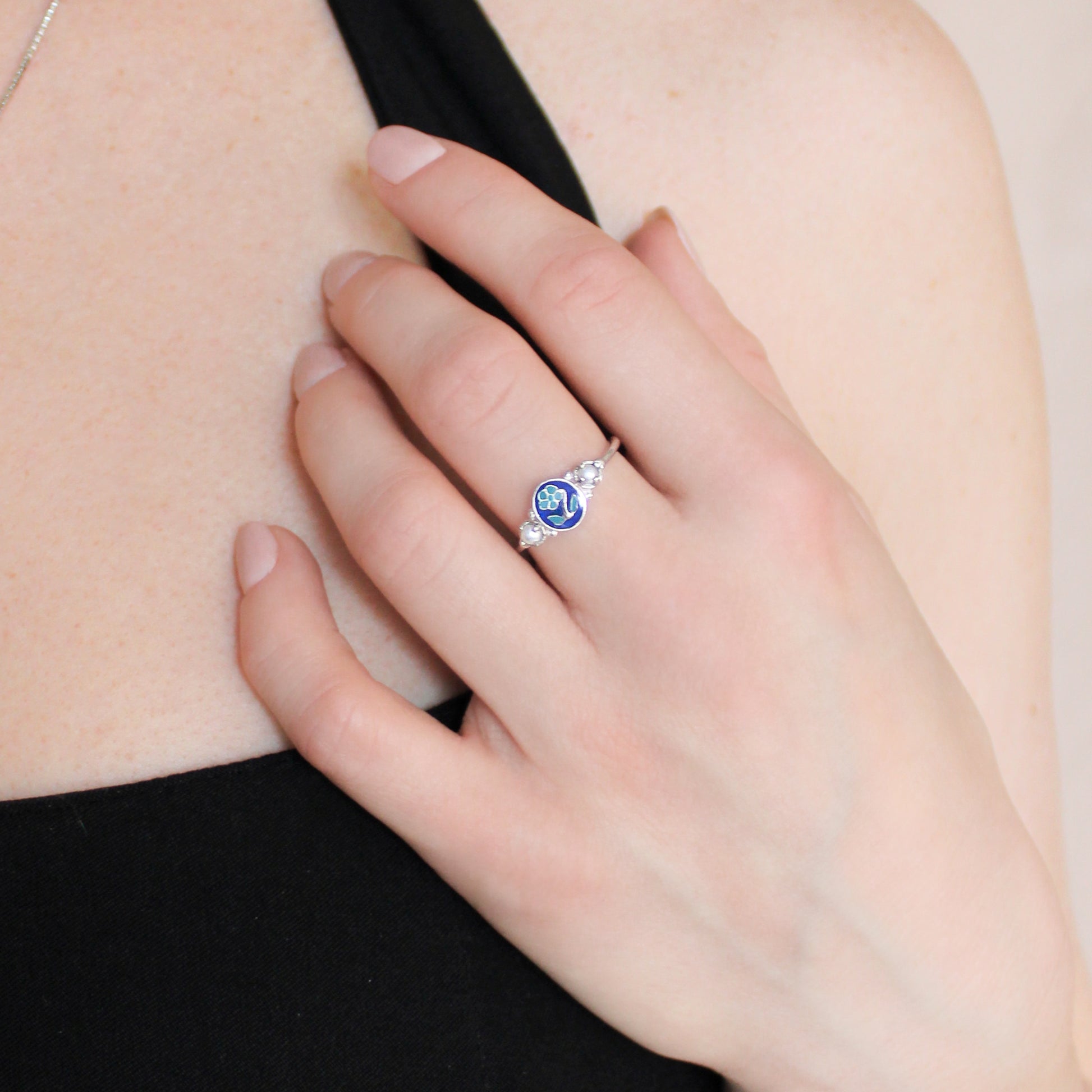 Mourning Bloom sterling silver ring styled, forget-me-not enamel and pearl detail, Ether Jewelry