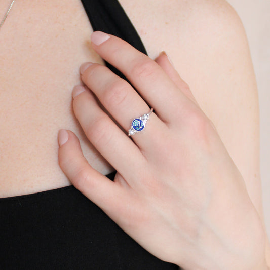 Mourning Bloom sterling silver ring styled, forget-me-not enamel and pearl detail, Ether Jewelry