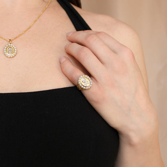 18k gold vermeil Mourning Memento Heirloom ring styled with matching necklace, antique finish memento mori jewelry, Ether Jewelry