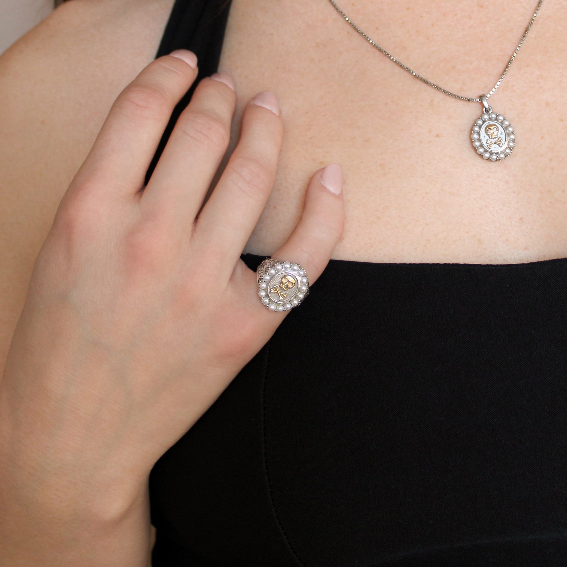 Sterling silver Mourning Memento Heirloom ring styled in black dress with matching necklace, antique finish memento mori jewelry, Ether Jewelry