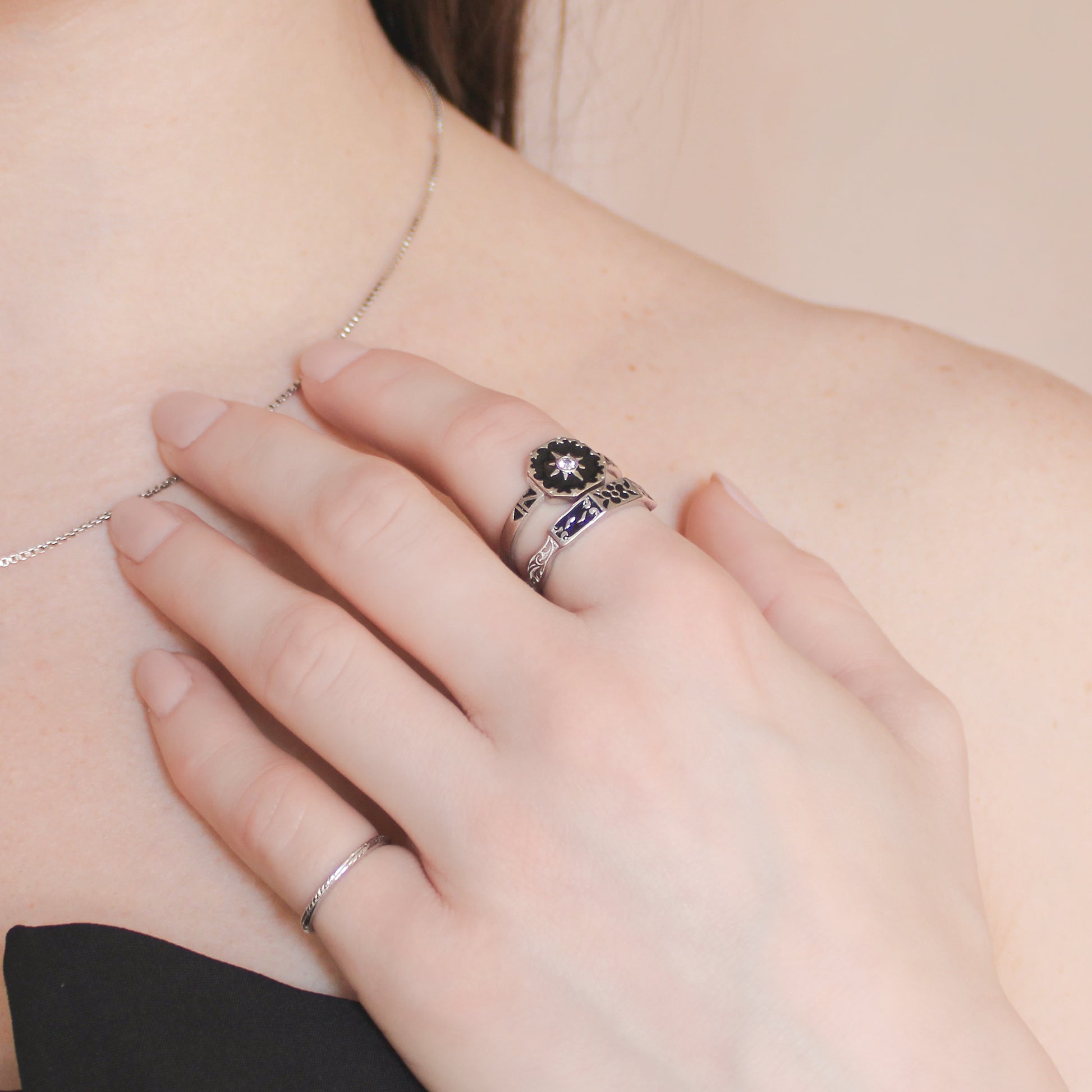 Nocturne ring in sterling silver stacked with another ring, styled with touch necklace, Ether Jewelry