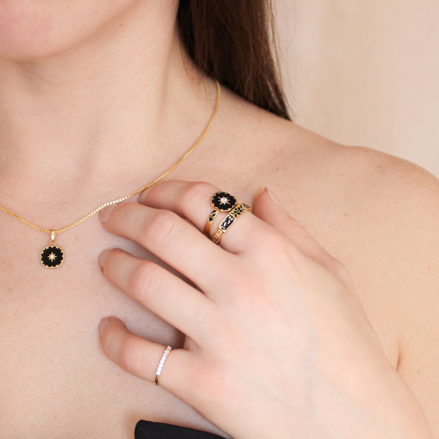 Nocturne ring in 18k gold vermeil stacked with another ring, styled with touch necklace, Ether Jewelry