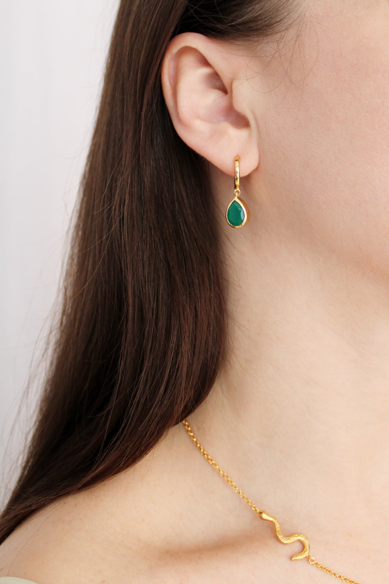 Devoted 18k gold vermeil earrings and necklace worn together on model, green onyx serpent jewelry set, Ether Jewelry