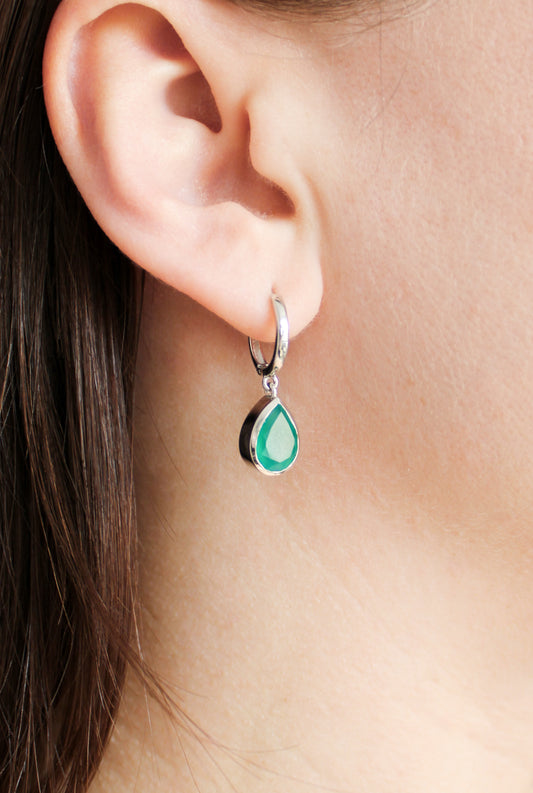 Sterling silver Devoted Earrings close-up on model, bezel-set green onyx teardrop drop detail, Ether Jewelry