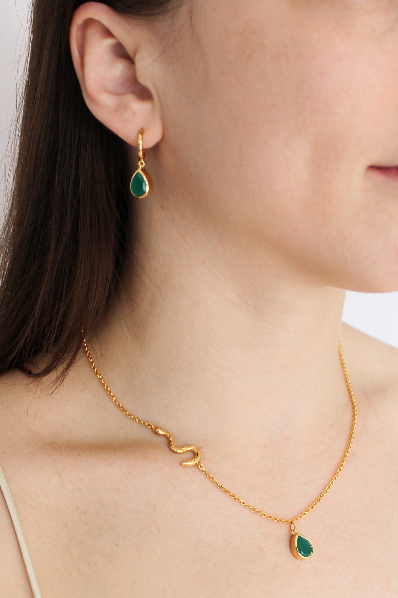 Devoted 18k gold vermeil necklace and earrings worn together on model, green onyx serpent jewelry set, Ether Jewelry