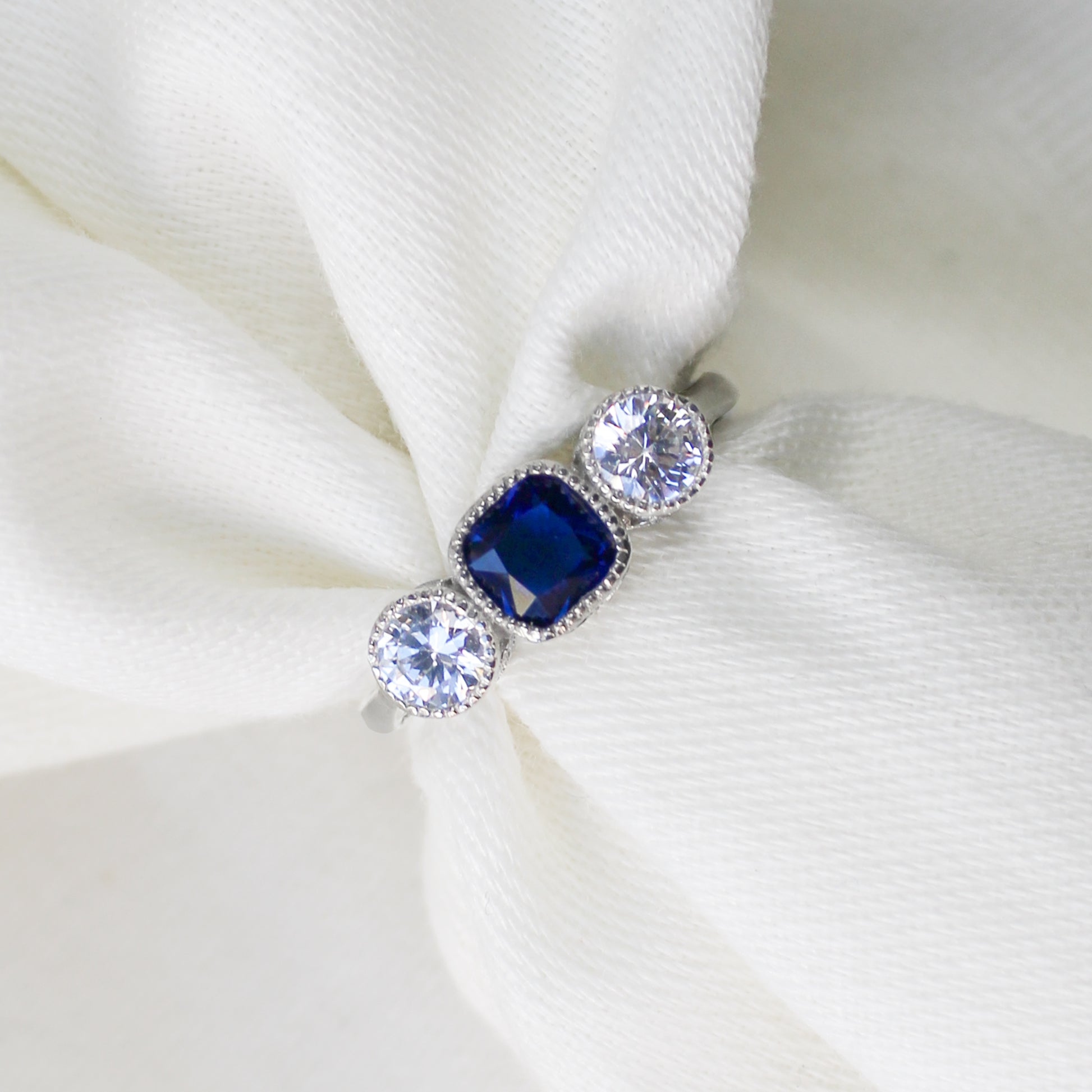 Edwardian Empress sterling silver ring wrapped around fabric, three stone milgrain bezel setting, Ether Jewelry
