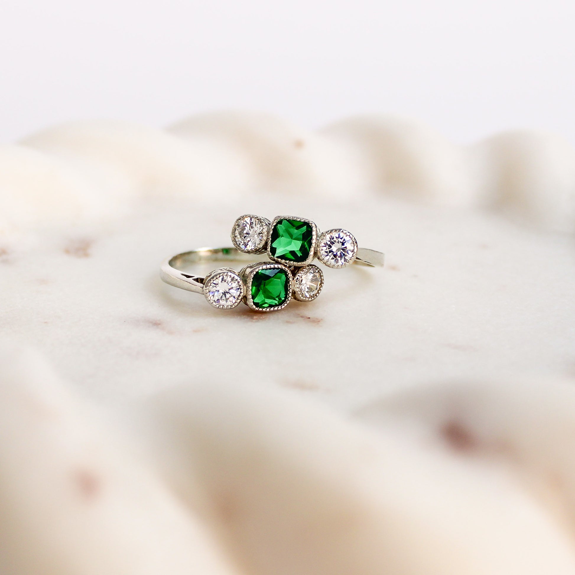Edwardian Three Stone sterling silver ring stacked on stone tray, Ether Jewelry