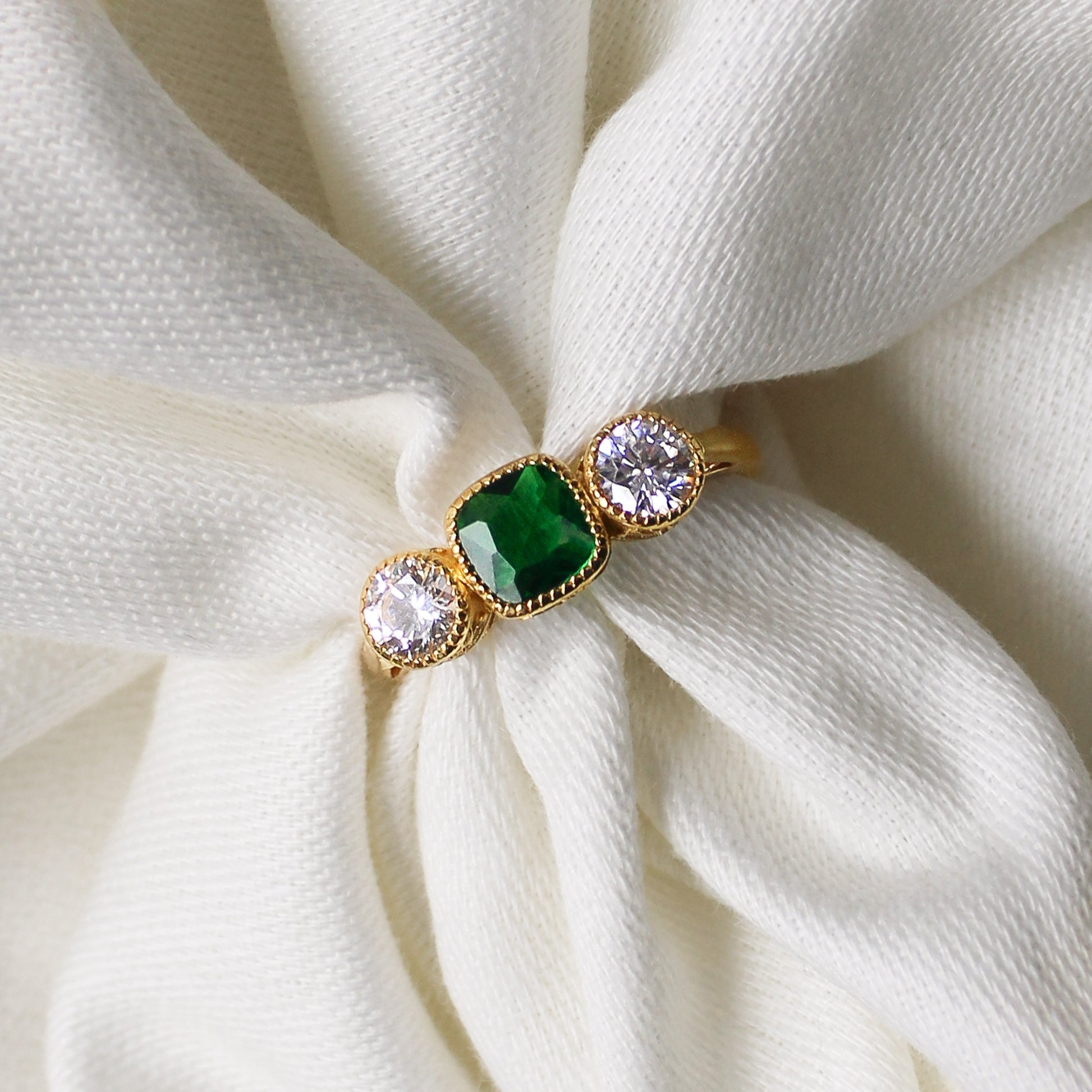 Edwardian Three Stone 18k gold vermeil ring wrapped around fabric, three stone milgrain bezel setting, Ether Jewelry