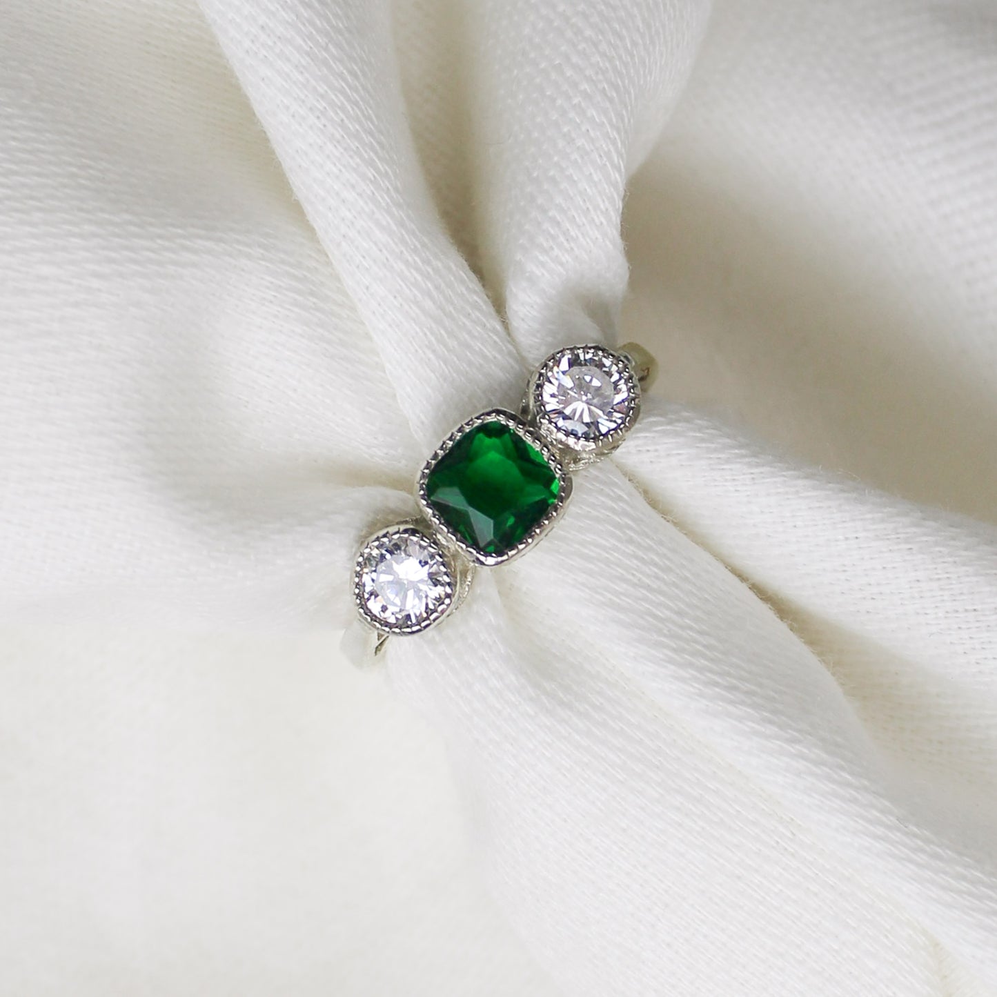 Edwardian Three Stone sterling silver ring wrapped around fabric, three stone milgrain bezel setting, Ether Jewelry