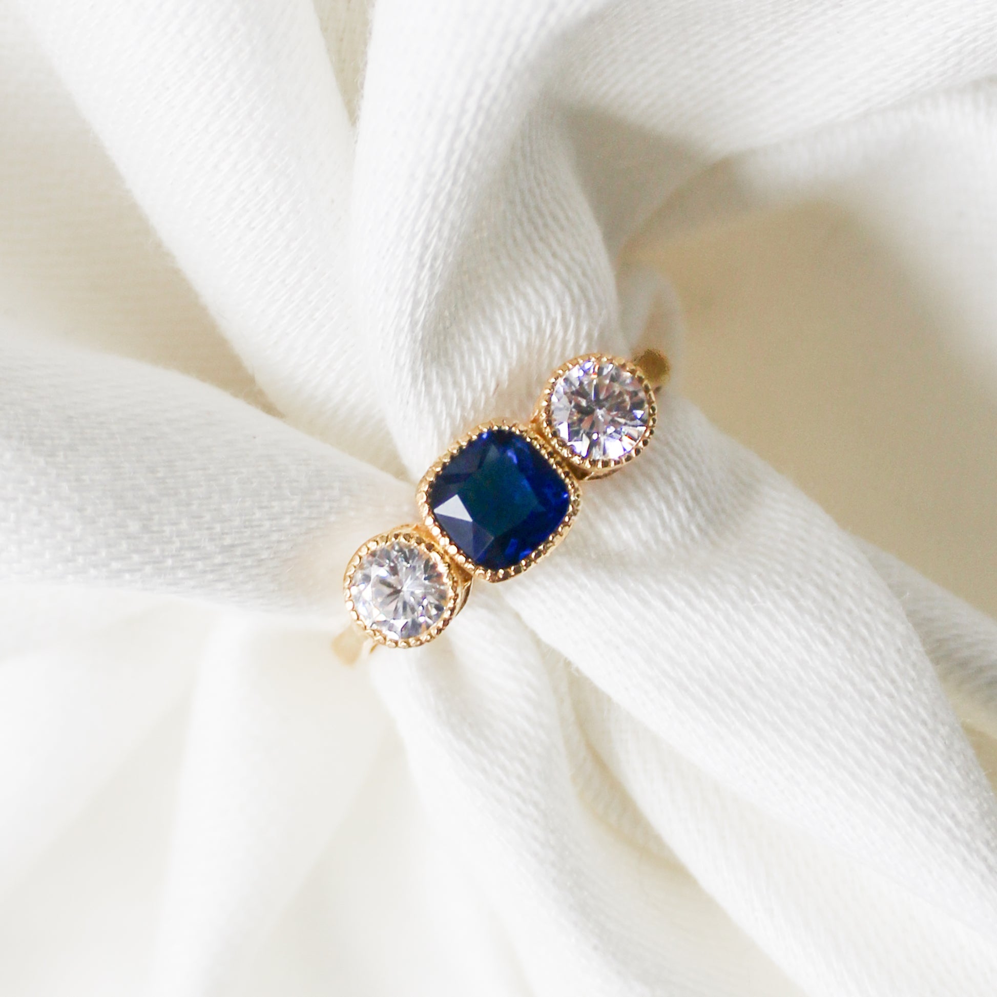 Edwardian Empress 18k gold vermeil ring wrapped around fabric, three stone milgrain bezel setting, Ether Jewelry