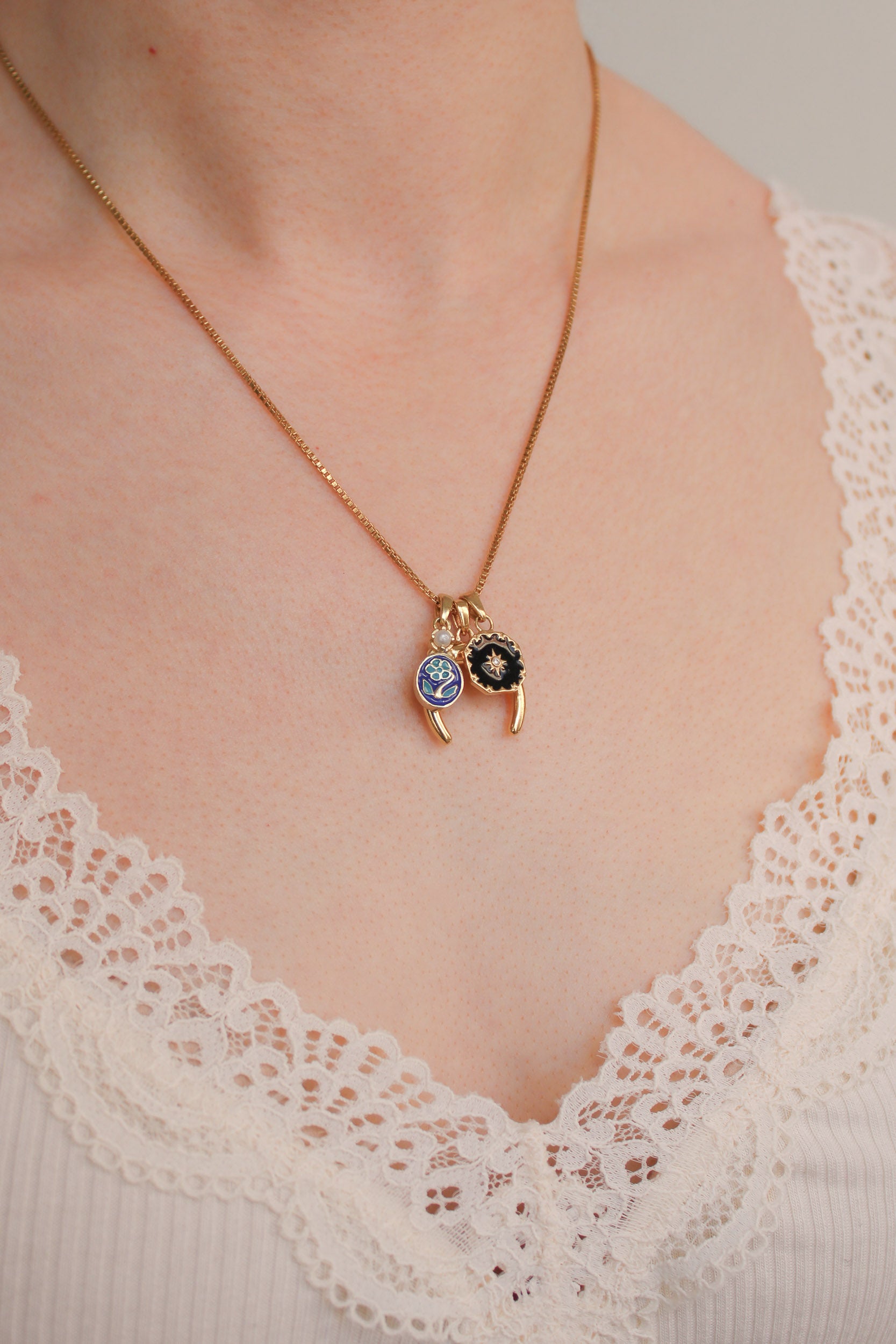 18k gold vermeil double horn pendant stacked with other victorian pendants on same chain, Ether Jewelry