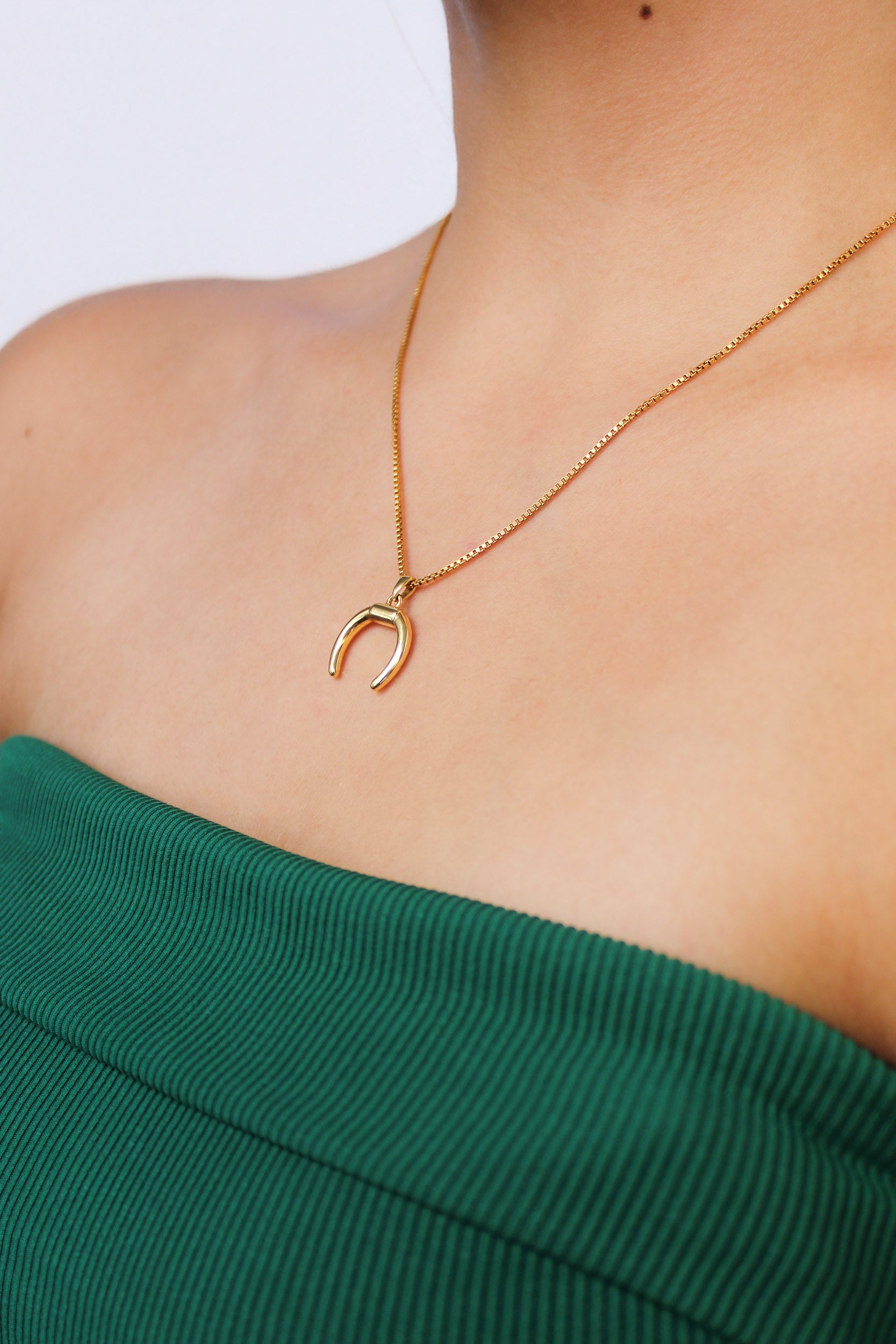 18k gold vermeil Ether Necklace styled on model, moon shaped pendant, Ether Jewelry