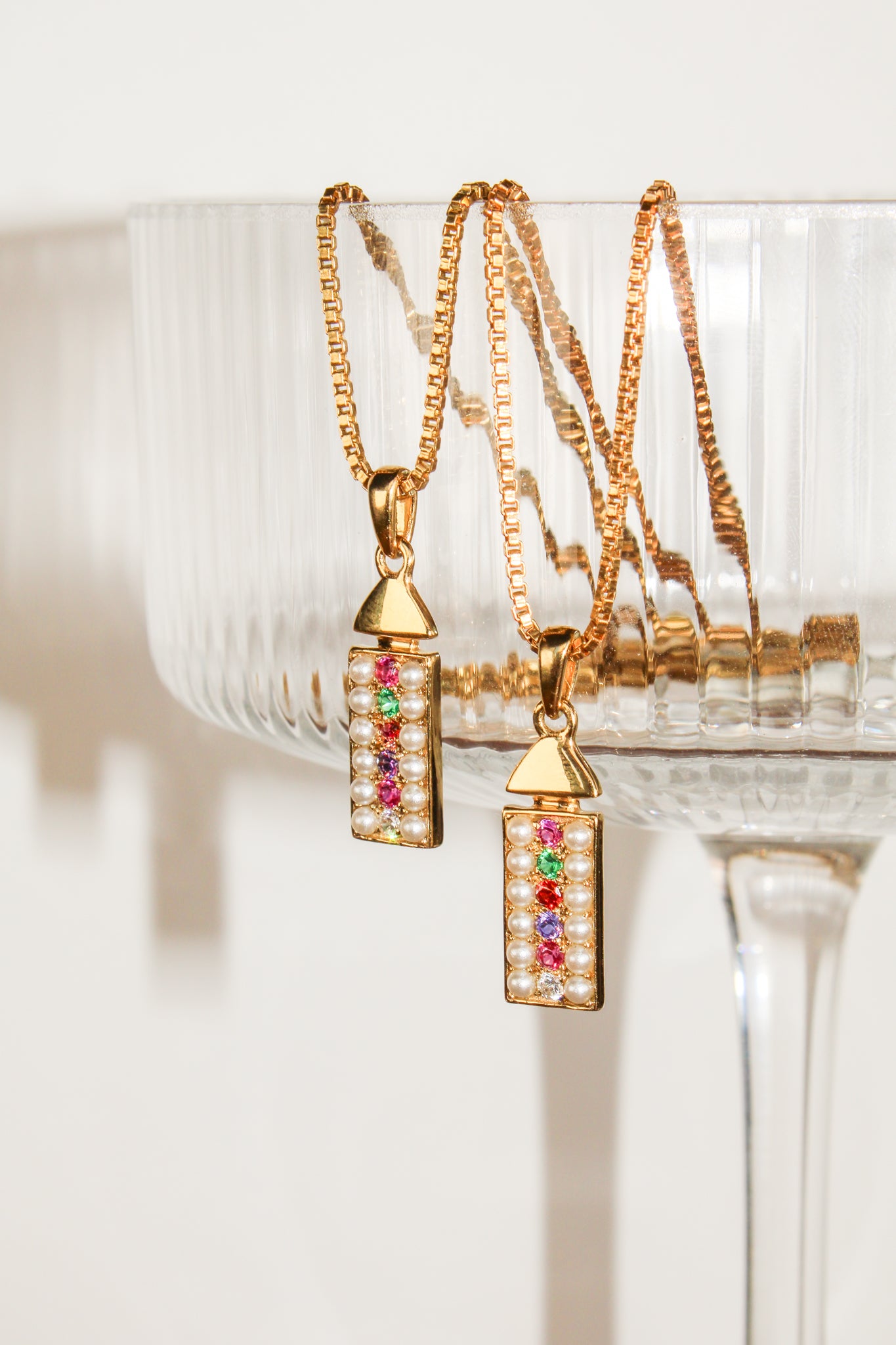 Regent 18k gold vermeil necklace handed off a glass, pearl-paved rectangular REGARD acrostic pendant, Ether Jewelry