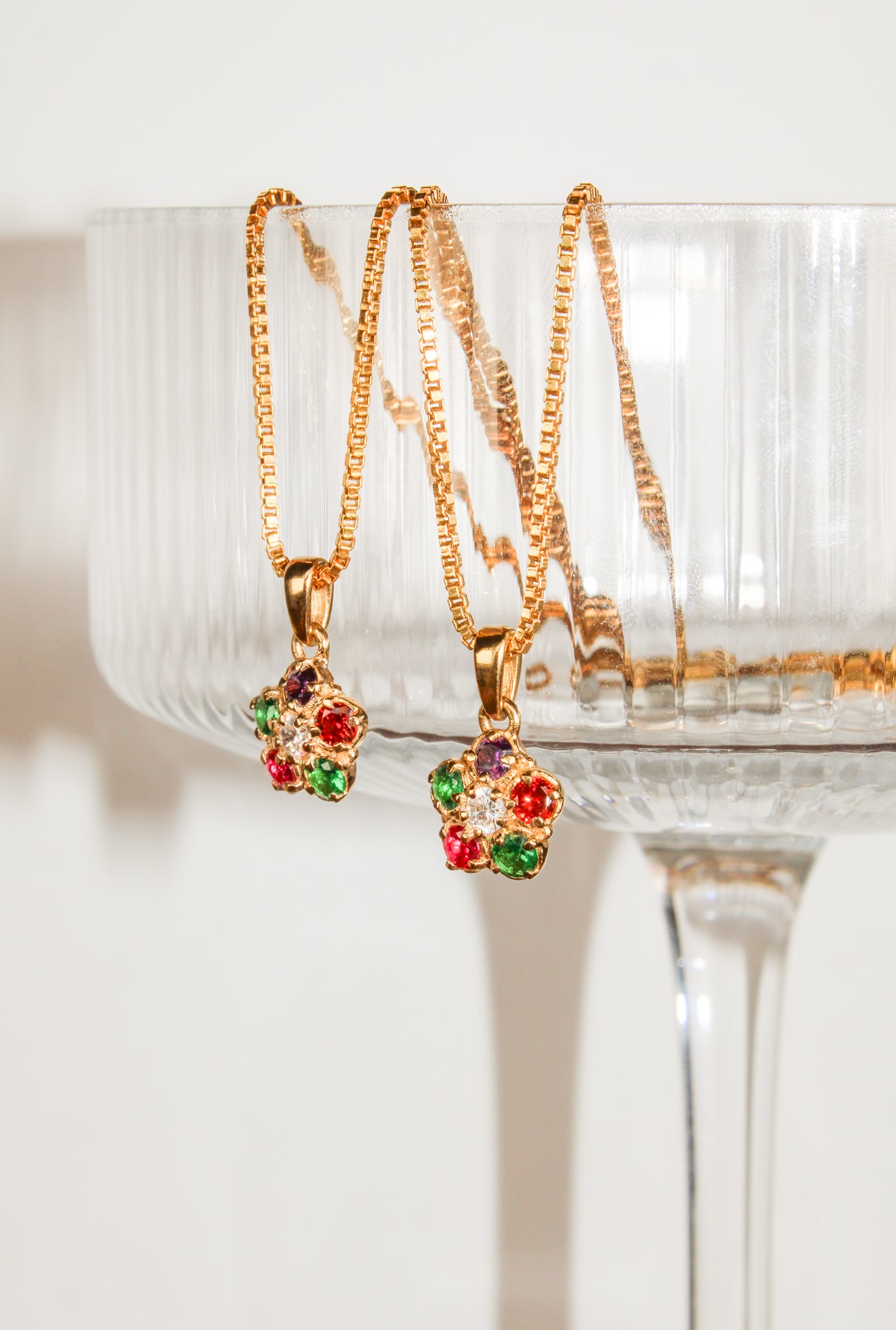 Regard Bloom 18k gold vermeil necklace handed off a glass, colorful acrostic floral cluster pendant, Ether Jewelry