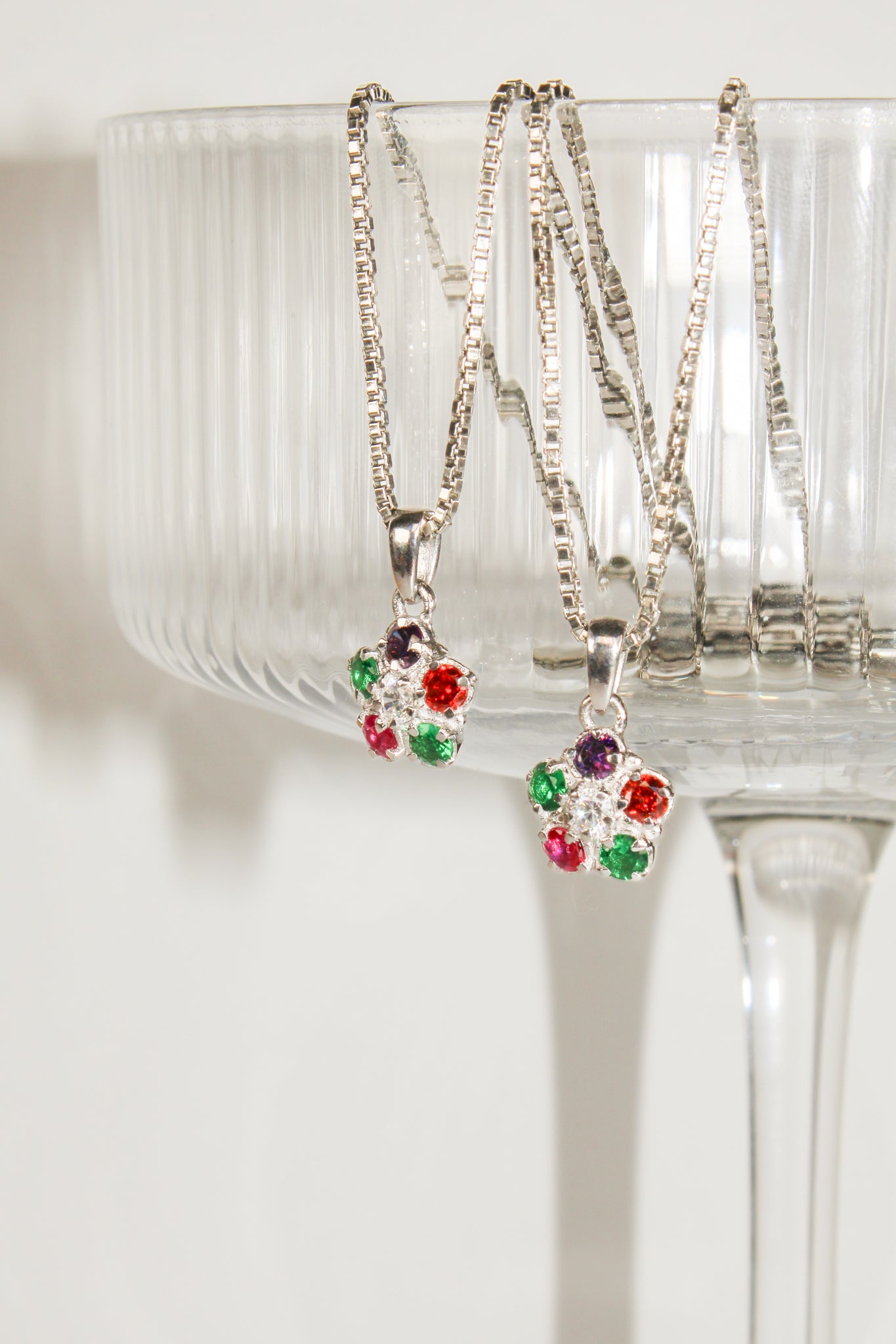 Regard Bloom sterling silver necklace handed off a glass, colorful acrostic floral cluster pendant, Ether Jewelry
