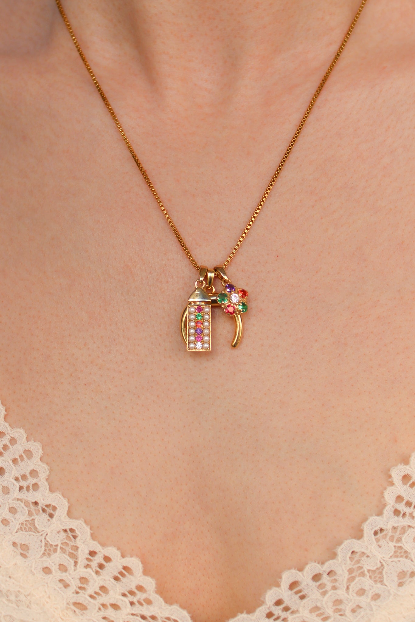 Regent 18k gold vermeil necklace stacked with other Regard pendants on same chain, acrostic jewelry layered look, Ether Jewelry