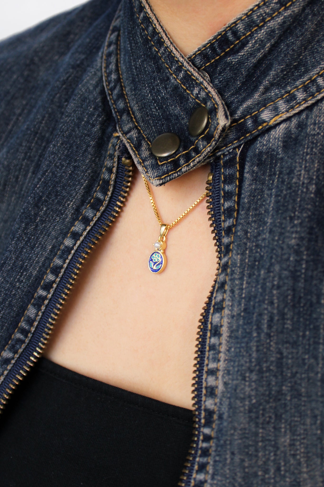 Blue Flower Necklace Gold