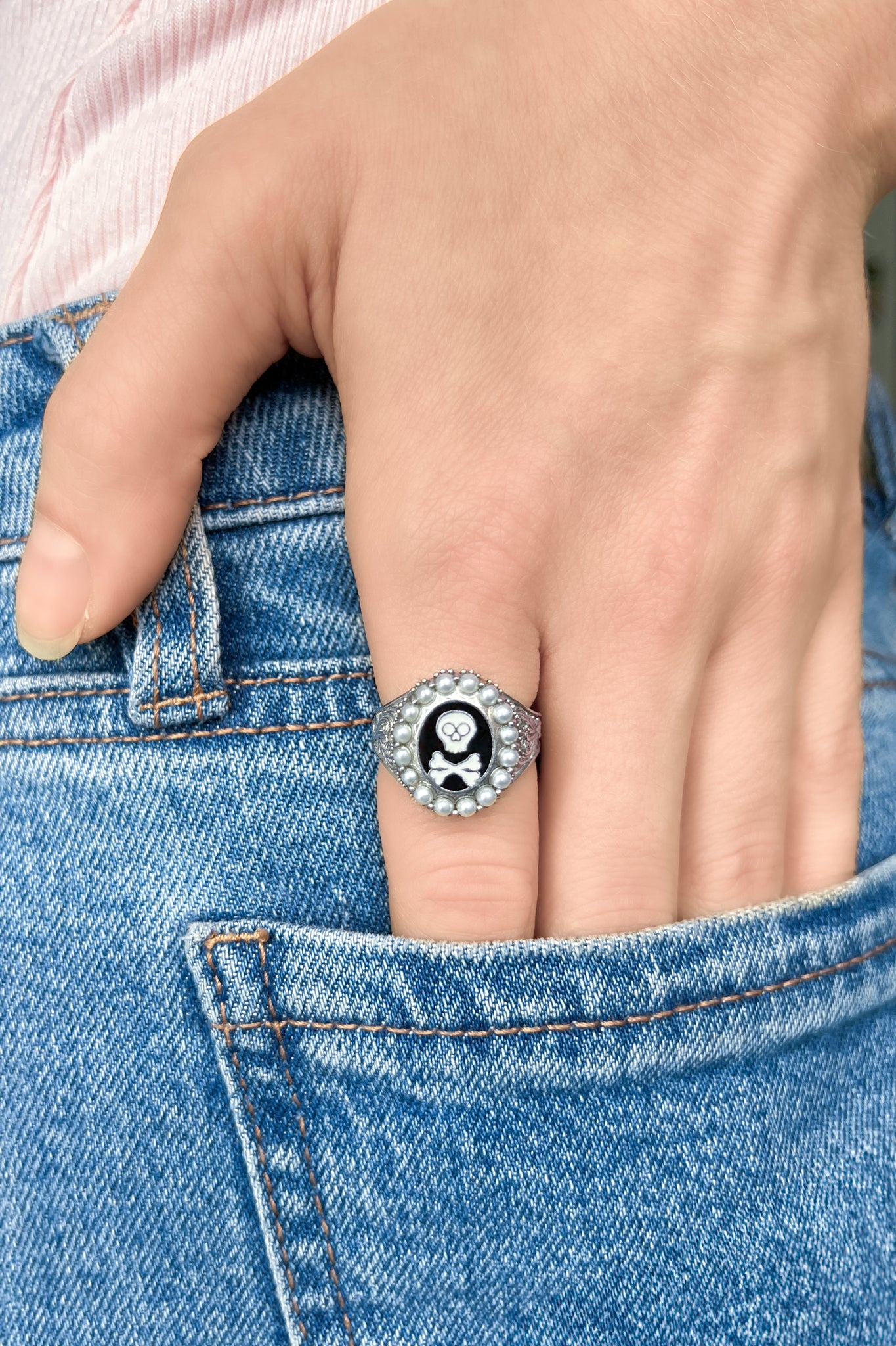 black and white skull ring