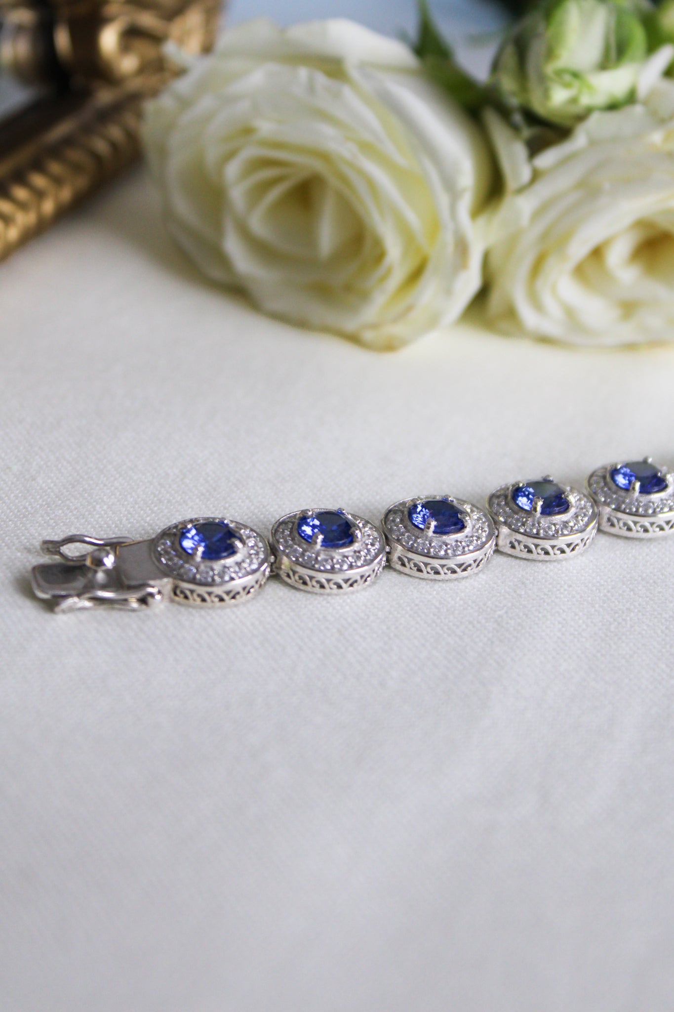 Close-up of silver Halo Bracelet with radiant halo stations and engraved detailing.