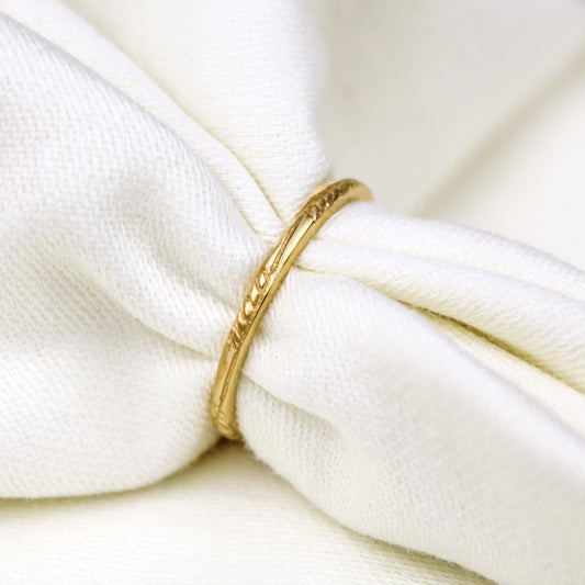 Victorian Vine Stacker in 18k gold vermeil, delicate vine and leaf engraved stacking band pulled through white fabric, Ether Jewelry