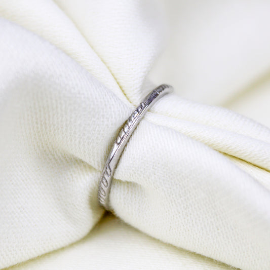 Victorian Vine Stacker in sterling silver, delicate vine and leaf engraved stacking band pulled through white fabric, Ether Jewelry