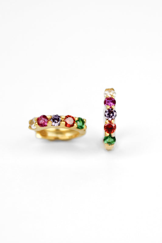 Regard Huggies in 18k gold vermeil, acrostic REGARD CZ stones set across huggie hoop earrings, Ether Jewelry