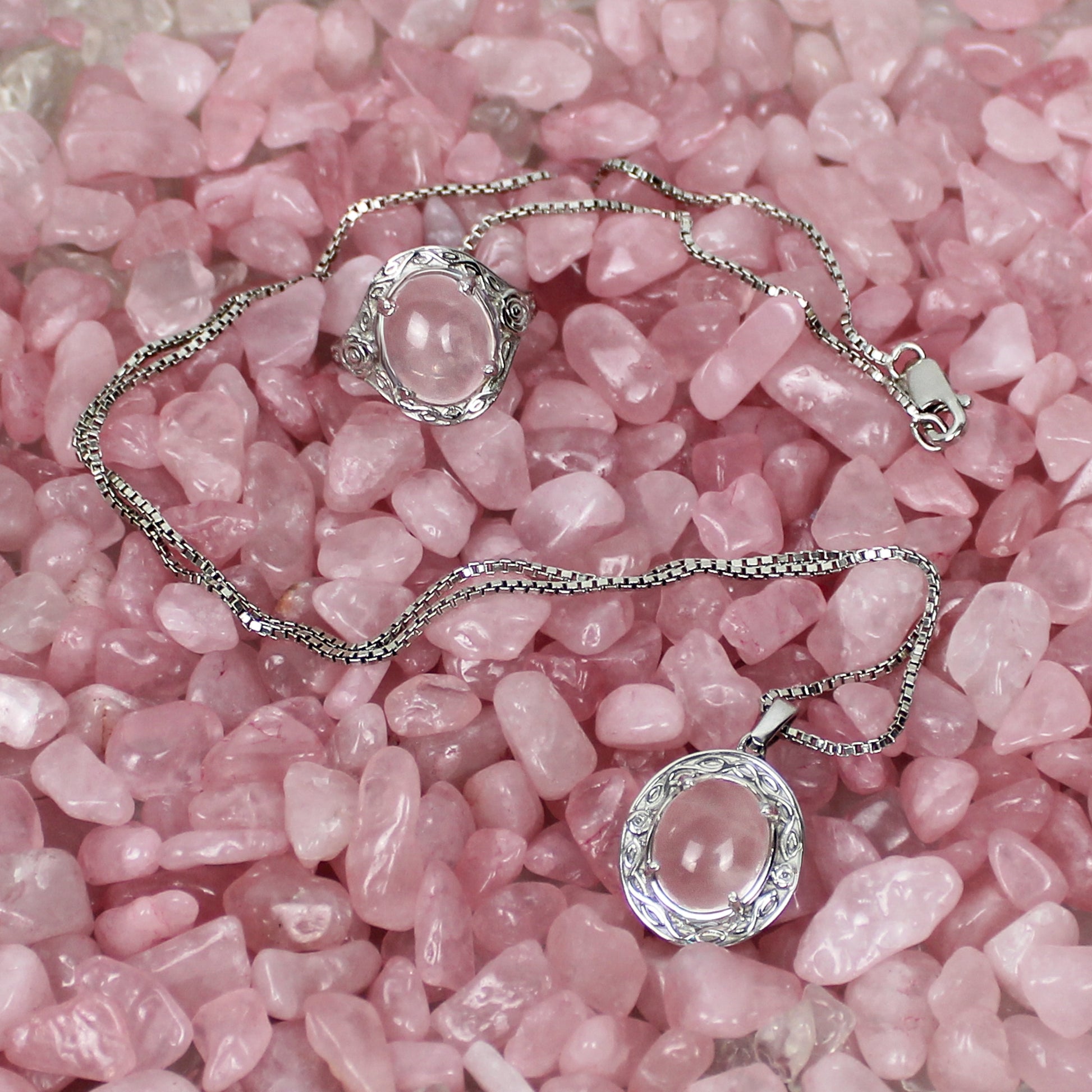 sterling Silver romantic heir necklace and signet ring with pink quartz gemstone and flower engravings on pink stones