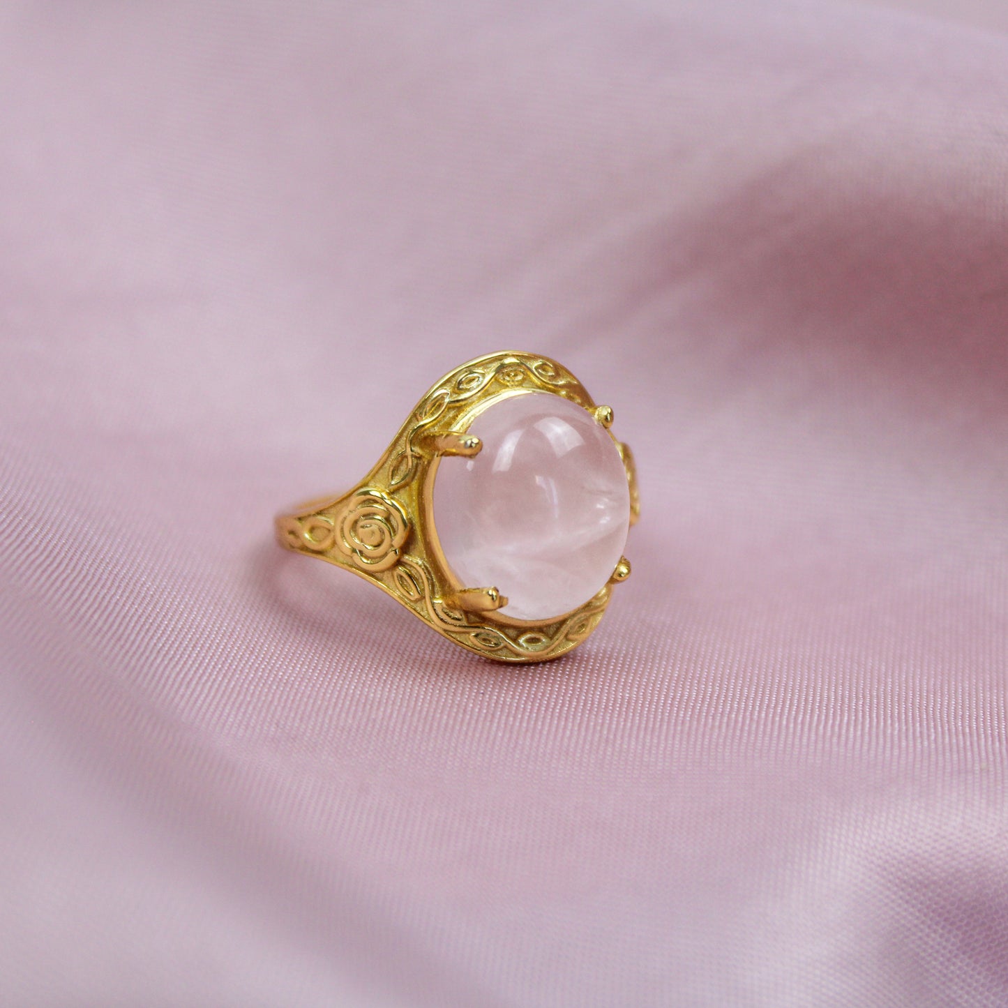 Romantic Heir Ring 18k gold vermeil staged on pink fabric, oval rose quartz cabochon filigree ring, Ether Jewelry