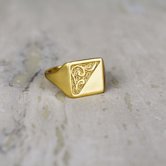 Architect Ring 18k gold vermeil staged on marble, square signet ring with diagonal scroll engraving, Ether Jewelry