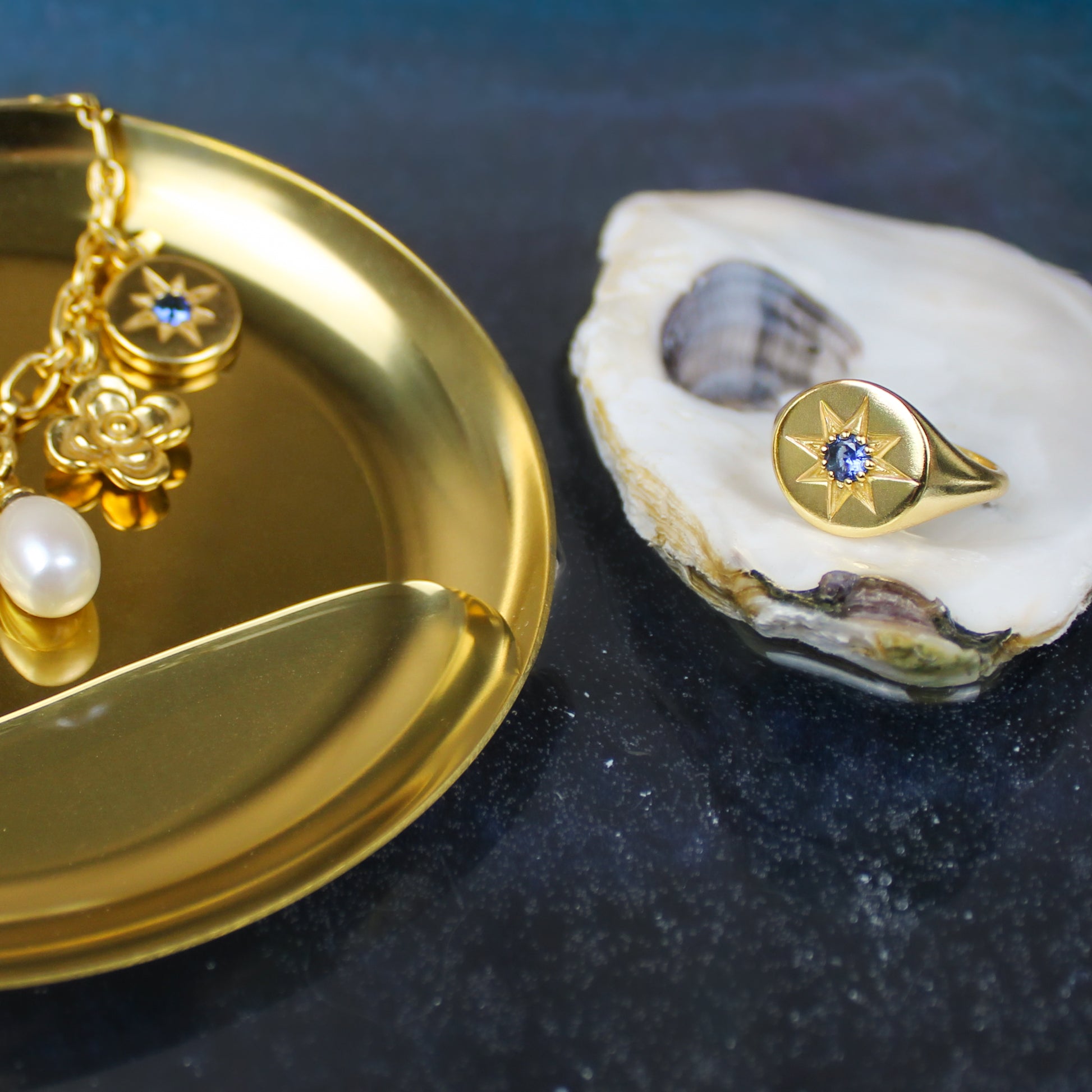 Gold Wayfinder signet ring and charm bracelet on a water surface with a shell.