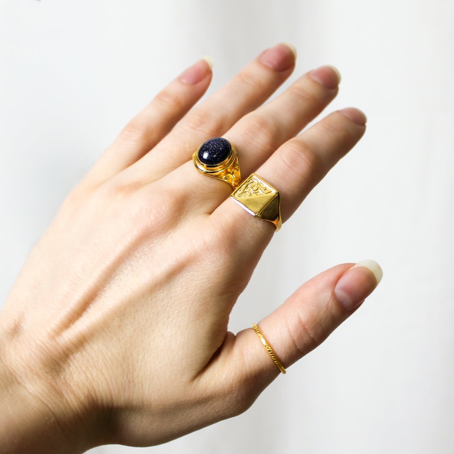 18k gold vermeil Victorian Vine Stacker stacked with Architect and Night Keeper ring on model hand, engraved stacking band, Ether Jewelry