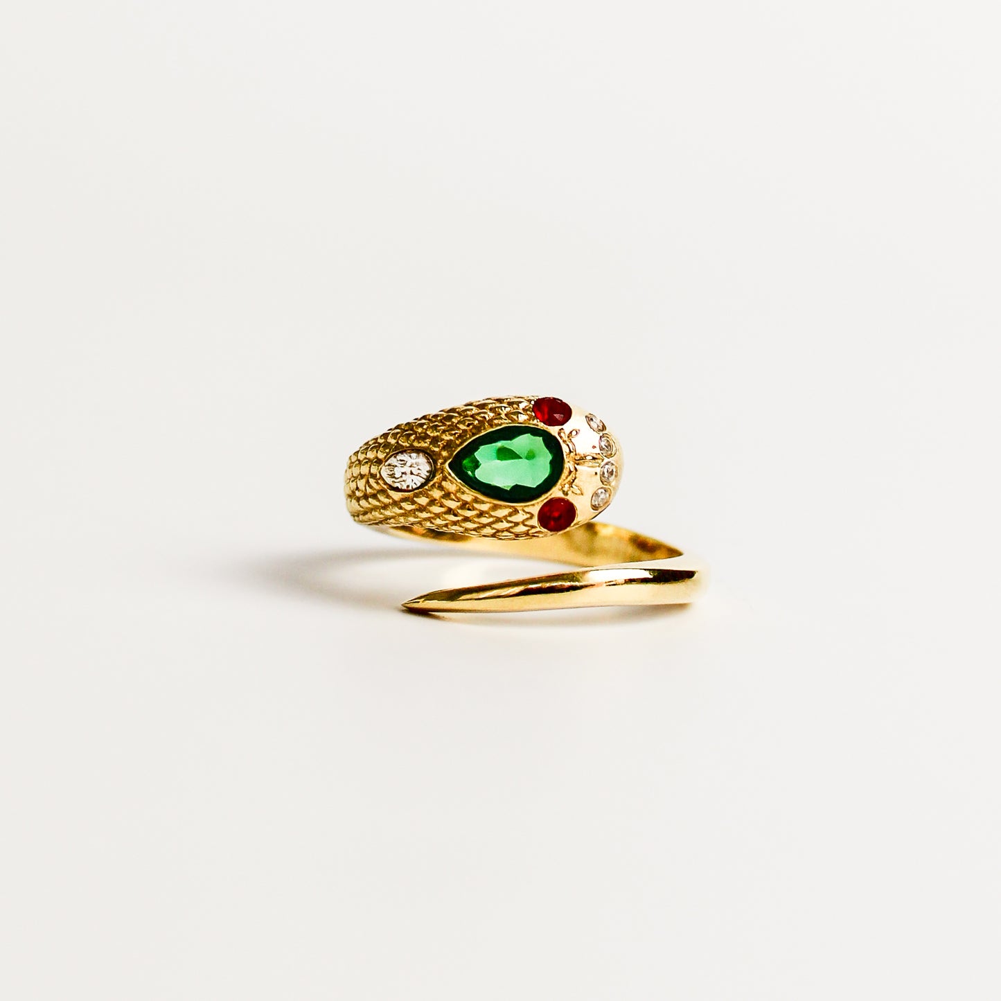 Queen Victoria snake ring in 18k gold vermeil, coiled band with detailed scale texture, Ether Jewelry