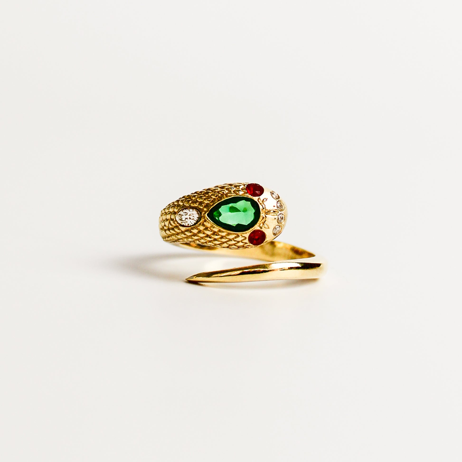 Queen Victoria snake ring in 18k gold vermeil, coiled band with detailed scale texture, Ether Jewelry