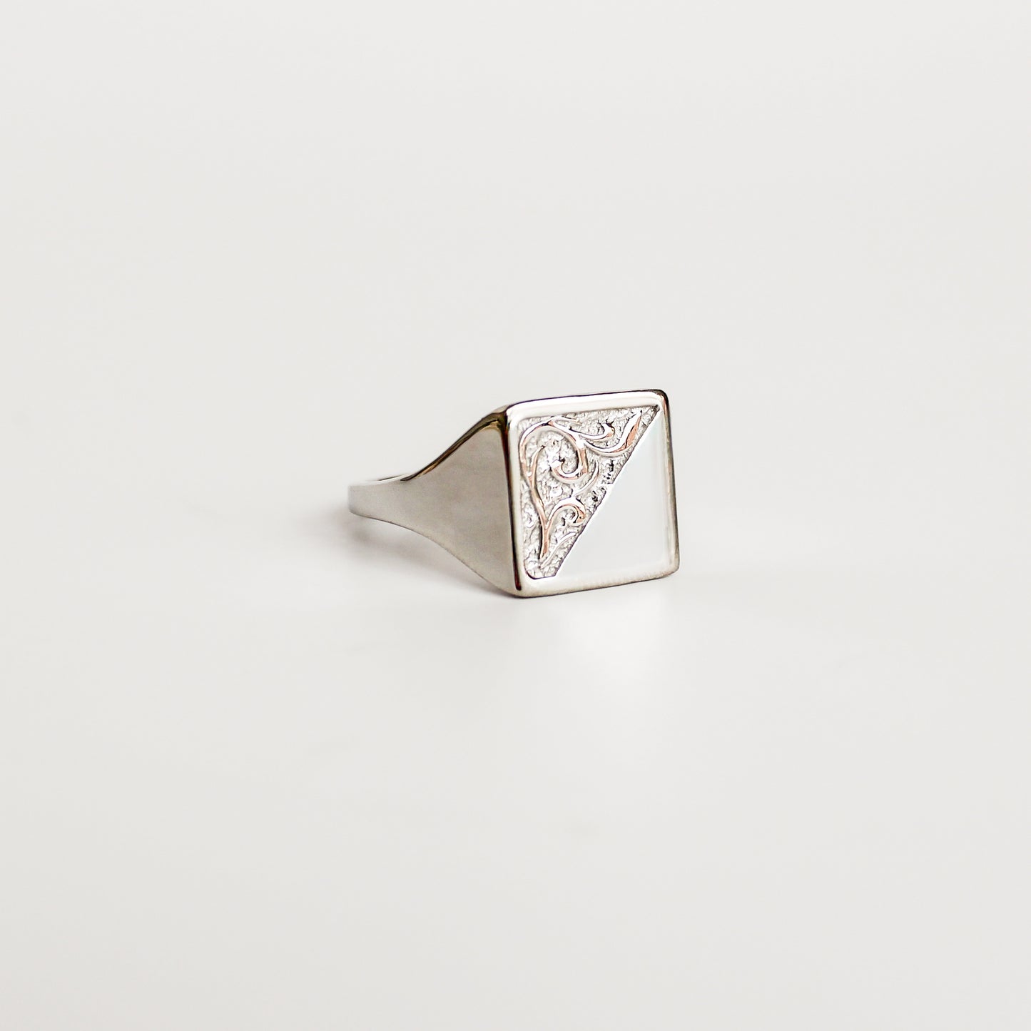 Architect Ring in sterling silver, square signet face with diagonal split engraved scroll detail and polished face, Ether Jewelry