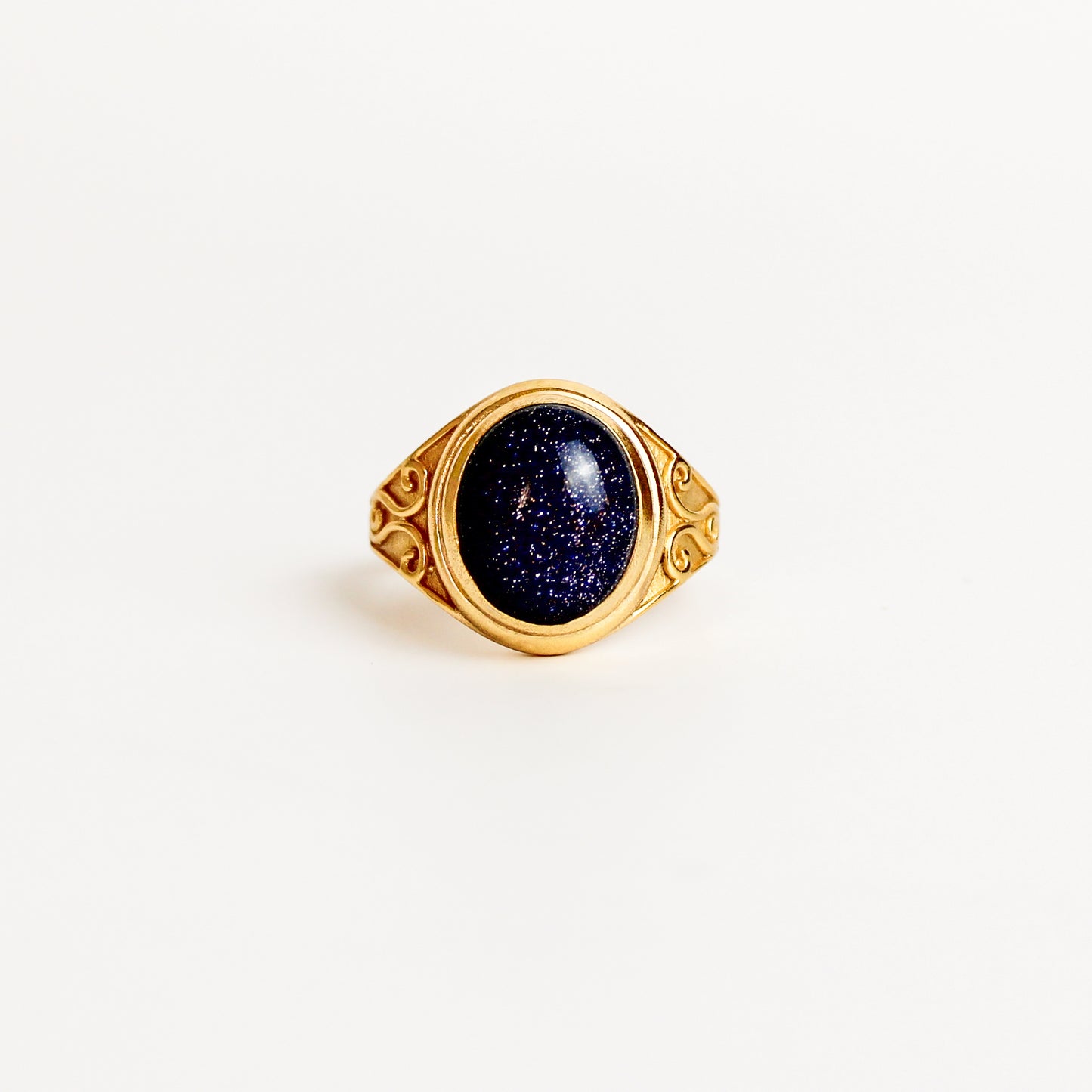 Night Keeper Ring in 18k gold vermeil, oval blue sandstone cabochon in bezel setting with scroll engraved shoulders, Ether Jewelry