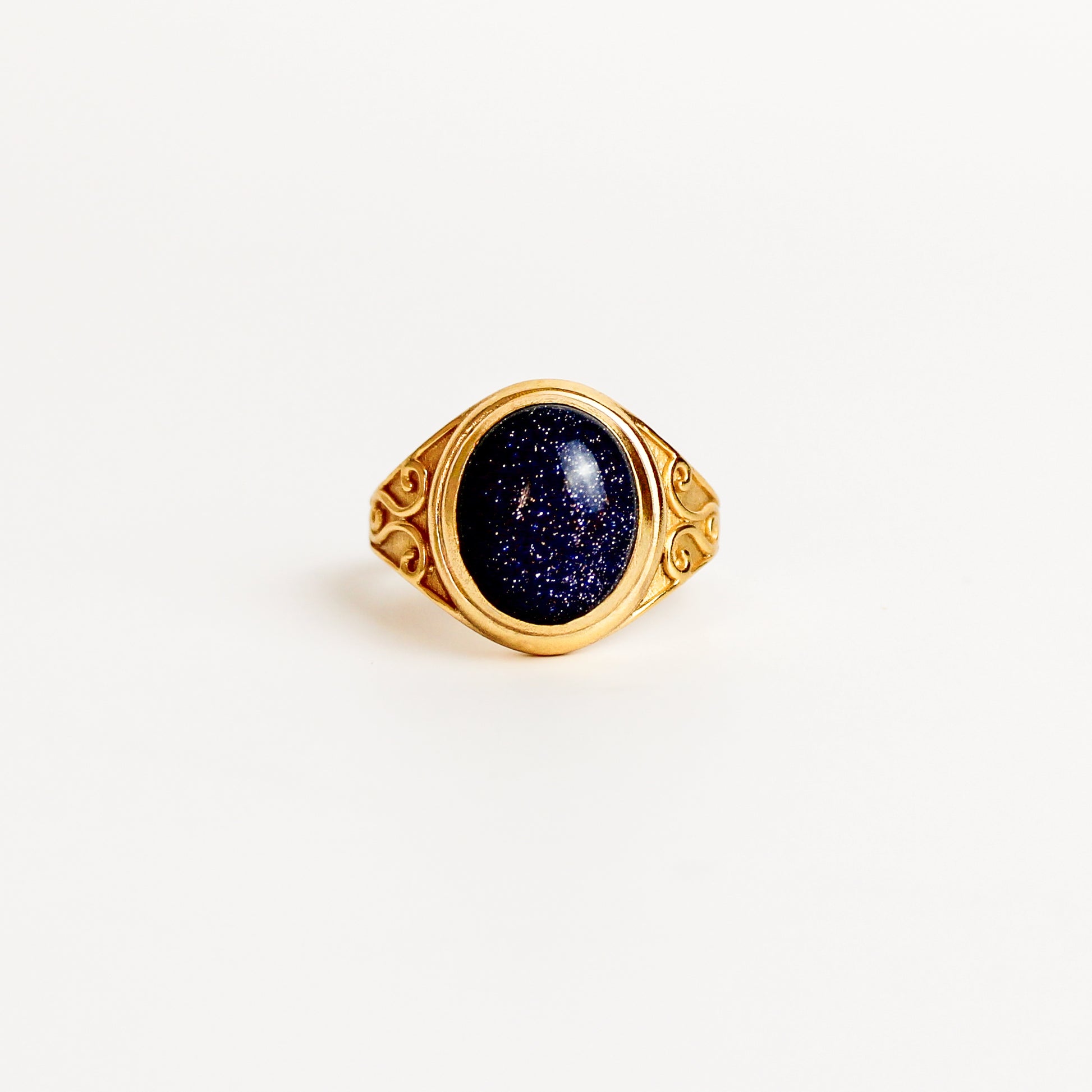 Night Keeper Ring in 18k gold vermeil, oval blue sandstone cabochon in bezel setting with scroll engraved shoulders, Ether Jewelry