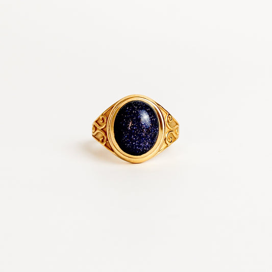 Night Keeper Ring in 18k gold vermeil, oval blue sandstone cabochon in bezel setting with scroll engraved shoulders, Ether Jewelry