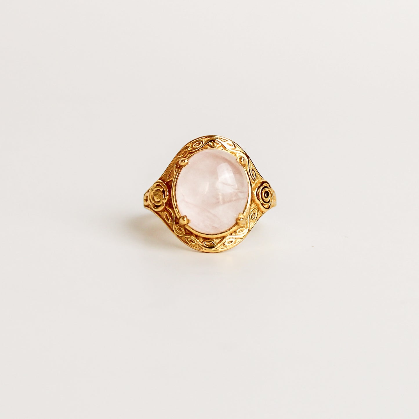 Romantic Heir Ring in 18k gold vermeil, oval rose quartz cabochon in floral filigree setting with rose shoulder details, Ether Jewelry