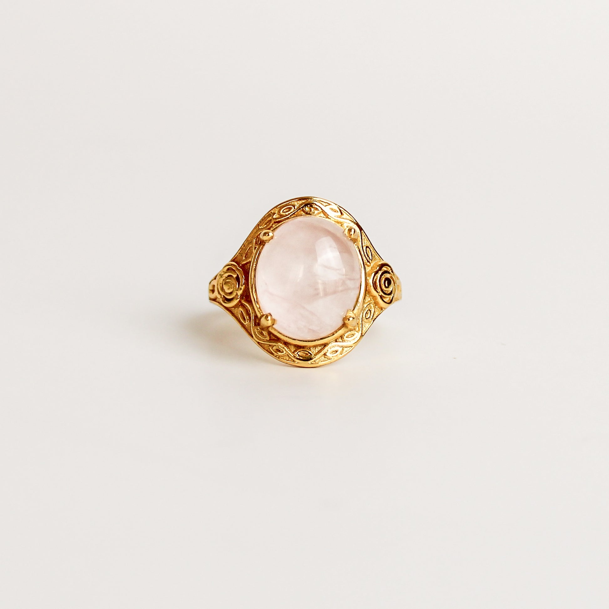 Romantic Heir Ring in 18k gold vermeil, oval rose quartz cabochon in floral filigree setting with rose shoulder details, Ether Jewelry