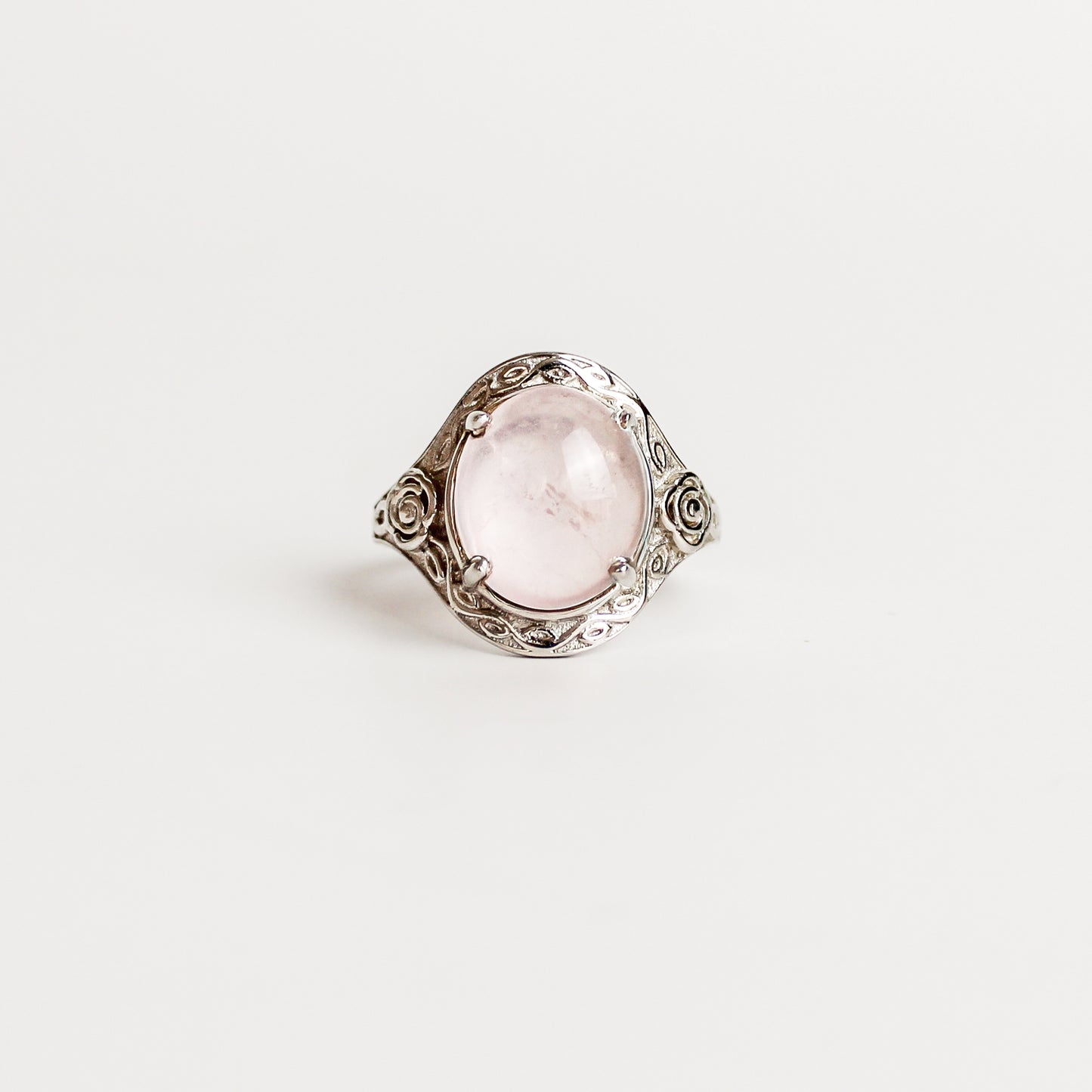 Romantic Heir Ring in sterling silver, oval rose quartz cabochon in floral filigree setting with rose shoulder details, Ether Jewelry
