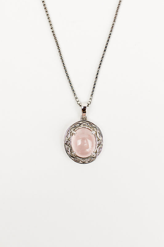 Romantic Heir Necklace in sterling silver, oval rose quartz cabochon in floral filigree pendant on box chain, Ether Jewelry