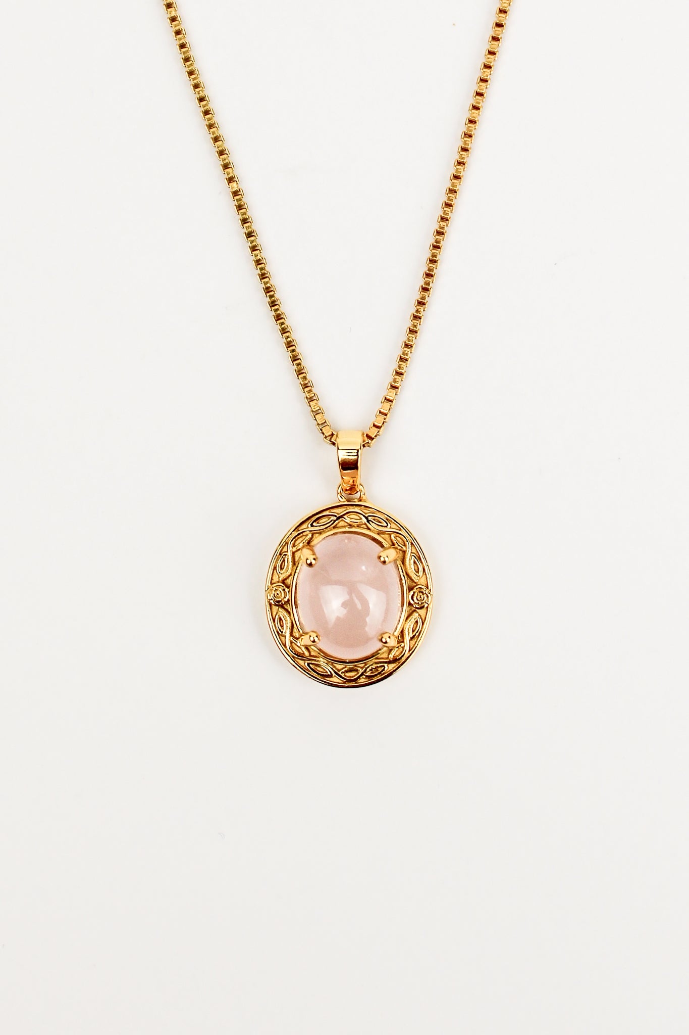 Romantic Heir Necklace in 18k gold vermeil, oval rose quartz cabochon in floral filigree pendant on box chain, Ether Jewelry