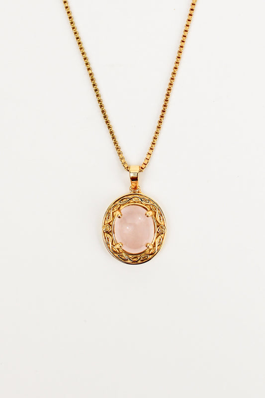 Romantic Heir Necklace in 18k gold vermeil, oval rose quartz cabochon in floral filigree pendant on box chain, Ether Jewelry