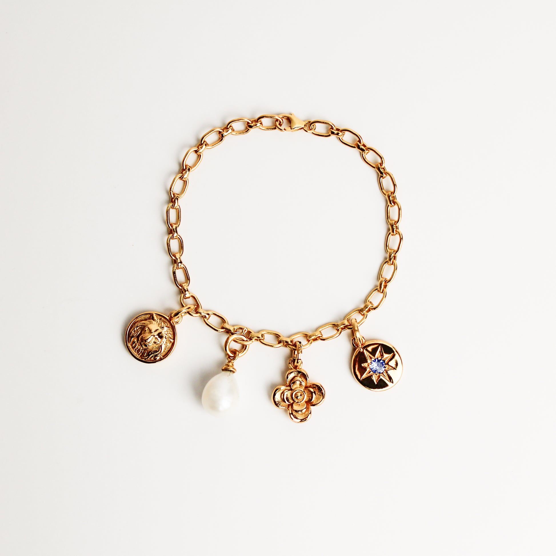 Archivist Bracelet in 18k gold vermeil, charm bracelet with lion coin, freshwater cultured pearl teardrop, flower and north star blue CZ coin charms on oval link chain, Ether Jewelry