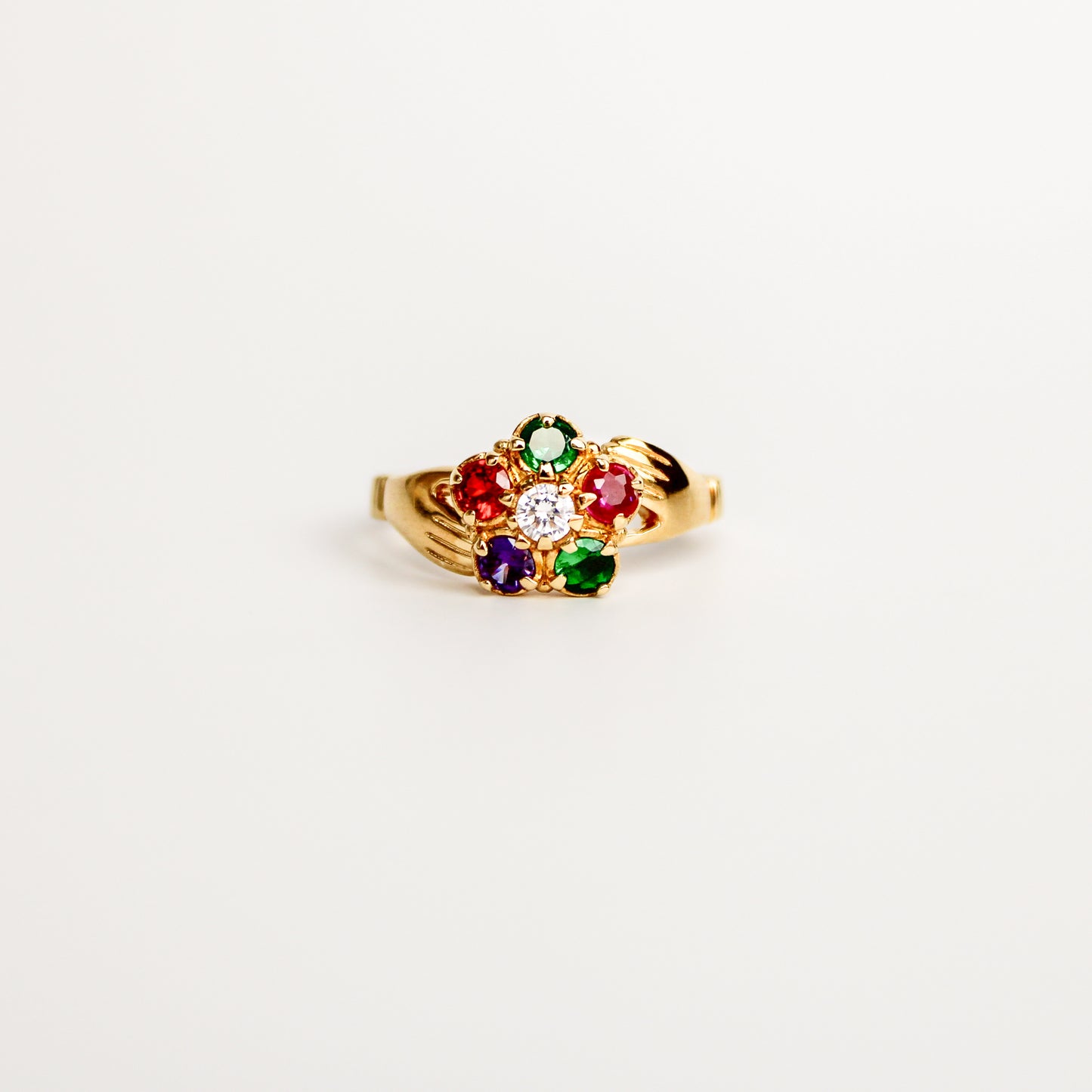 Regard Bloom Ring in 18k gold vermeil, acrostic REGARD CZ stones in floral cluster with diamond CZ center, claddagh-inspired band, Ether Jewelry